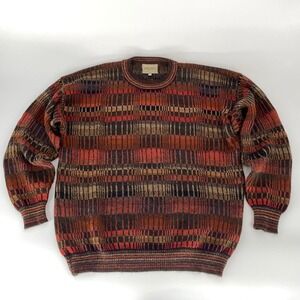 INTIWARA 100% Alpaca Sweater Mens L Earth Tones Geometric Stripe Grandpa Retro